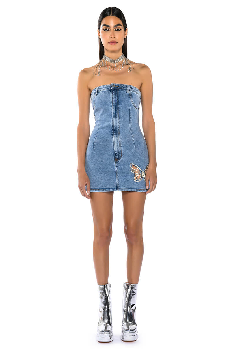 BUTTERFLY KISS EMBELLISHED DENIM MINI TUBE DRESS AKIRA BUTTERFLY KISS EMBELLISHED DENIM MINI TUBE DRESS AKIRA