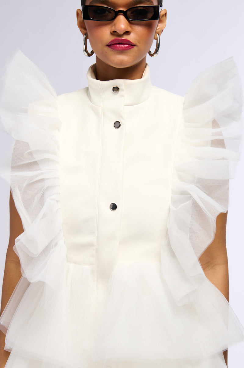 Extra View Button Down Ruffle Tulle Vest In White