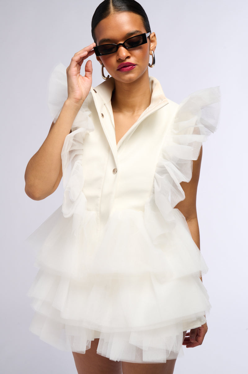 BUTTON DOWN RUFFLE TULLE VEST IN WHITE view 0