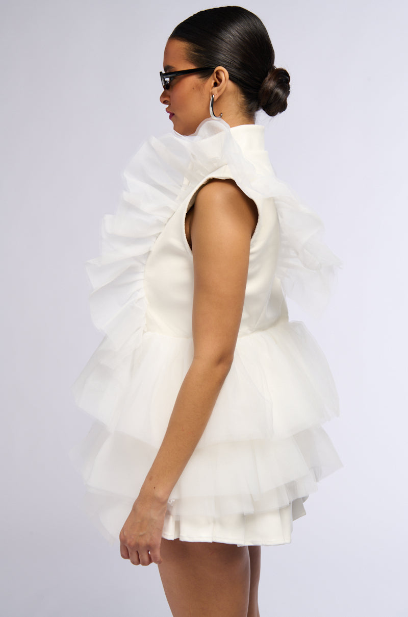 Full View Button Down Ruffle Tulle Vest In White