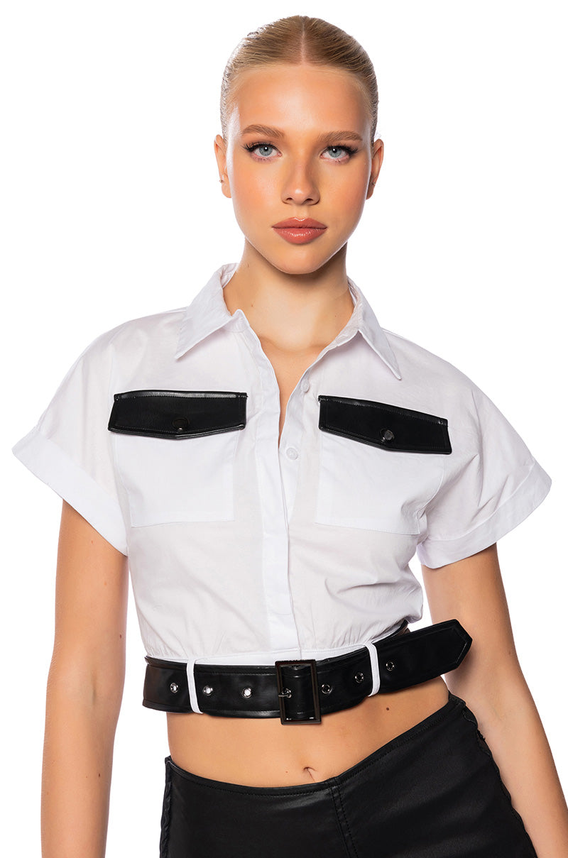 BUTTON DOWN SHORT SLEEVE SHIRT WITH BELT DETAIL view 0