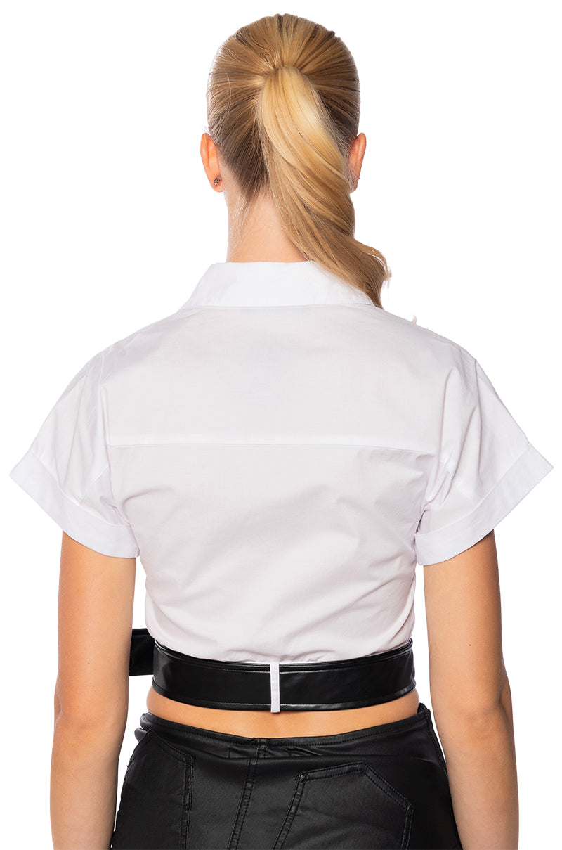 Full View Button Down Short Sleeve Shirt With Belt Detail