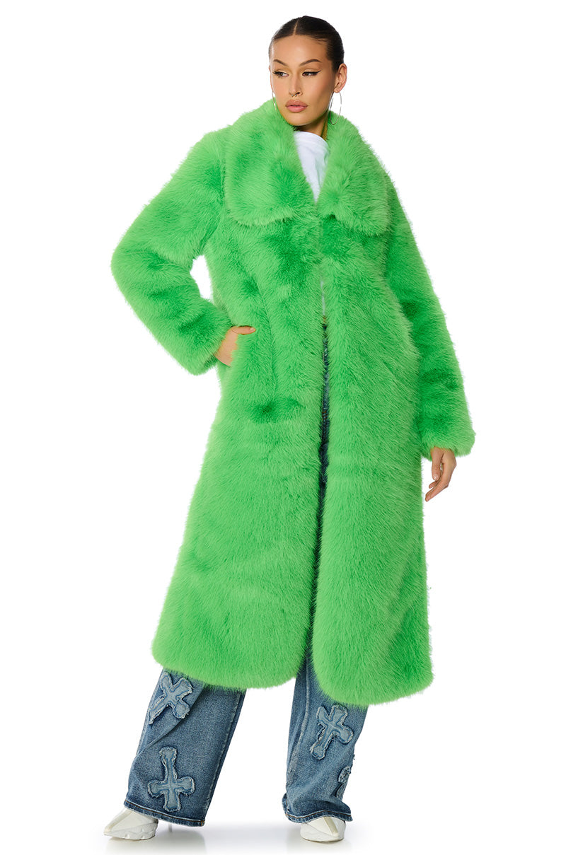 Side View Cadence Faux Fur Long Jacket