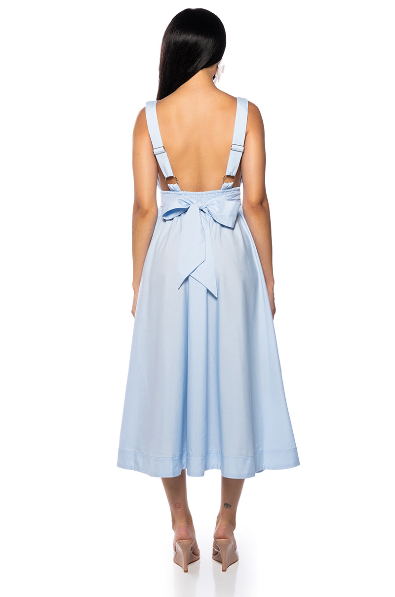CAIDEN TIE FRONT MIDI DRESS IN BLUE – AKIRA