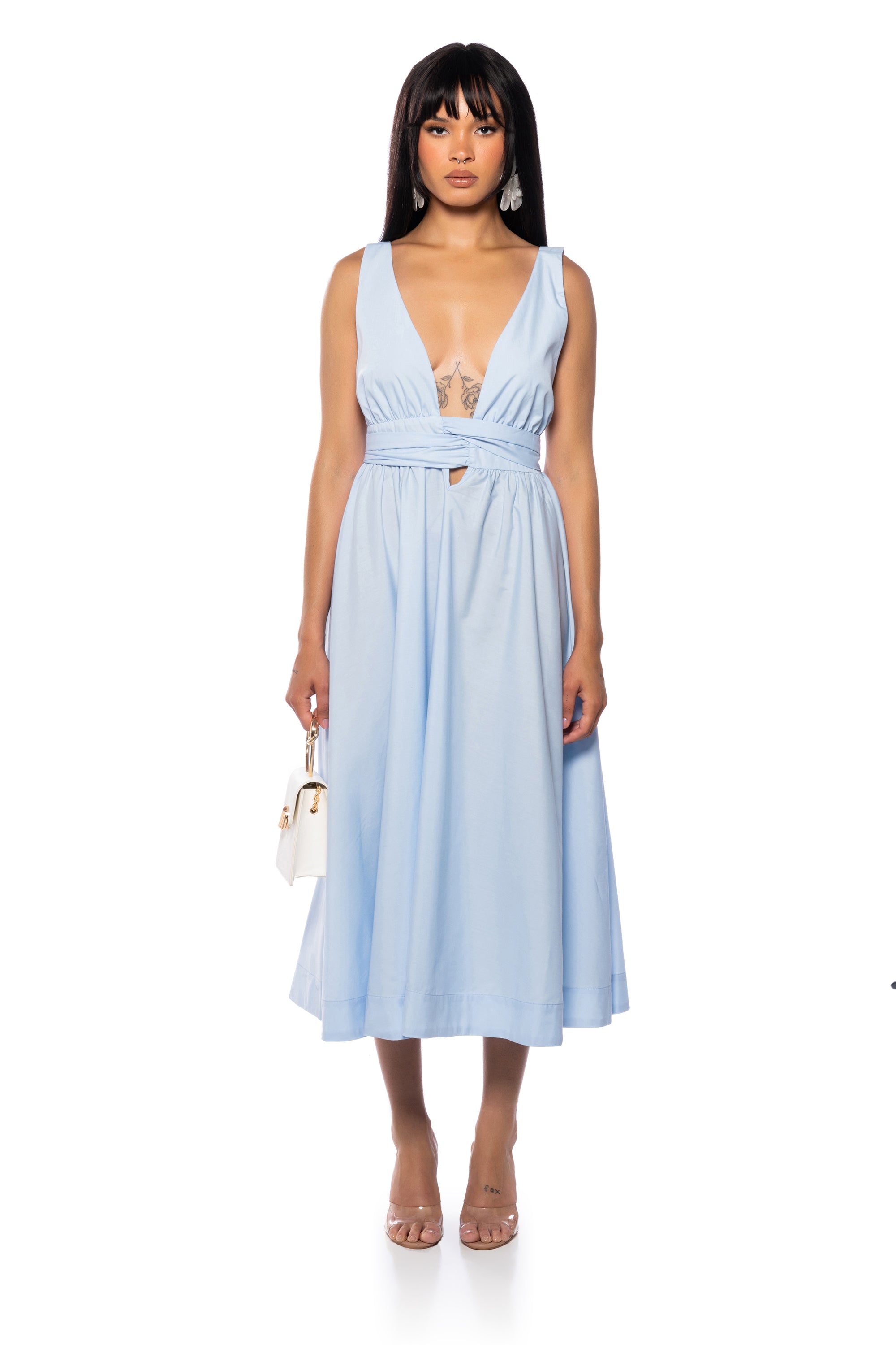 tie front midi dress CAIDEN TIE FRONT MIDI DRESS IN BLUE – AKIRA