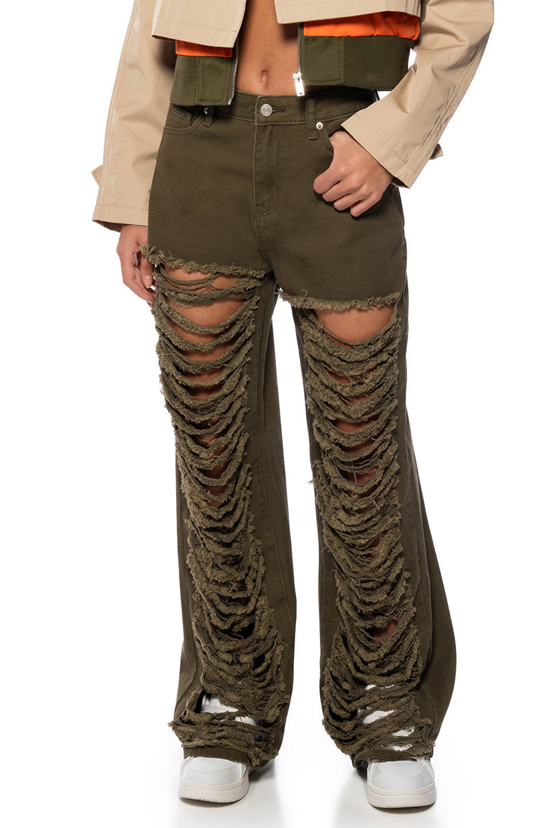 Front View Calculated Moves Wide Leg Distressed Jean