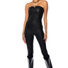 Front View Cali Girl Strapless Faux Leather Jumpsuit