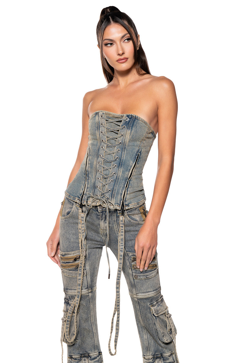 CALIFORNIA GIRL LACE UP DENIM CORSET TOP view 0