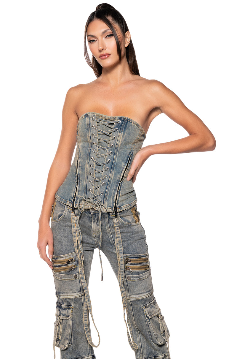 Side View California Girl Lace Up Denim Corset Top