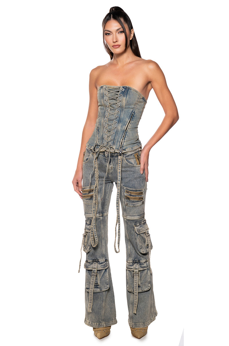 Back View California Girl Lace Up Denim Corset Top