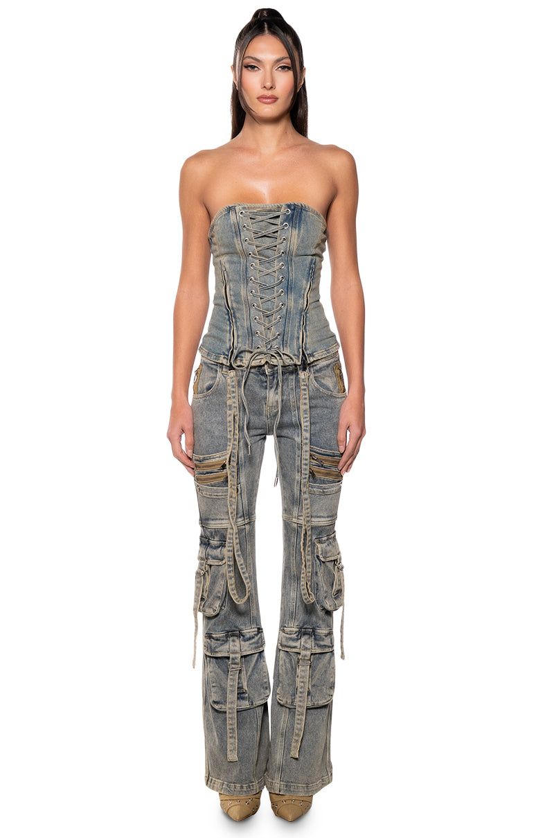 Extra View California Girl Lace Up Denim Corset Top