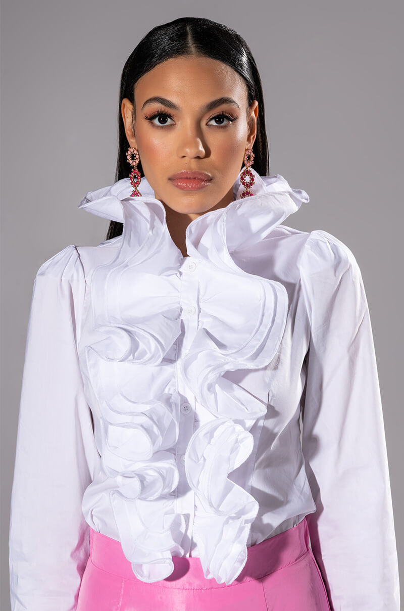 Front View Calista Statement Ruffle Collar Button Down Blouse