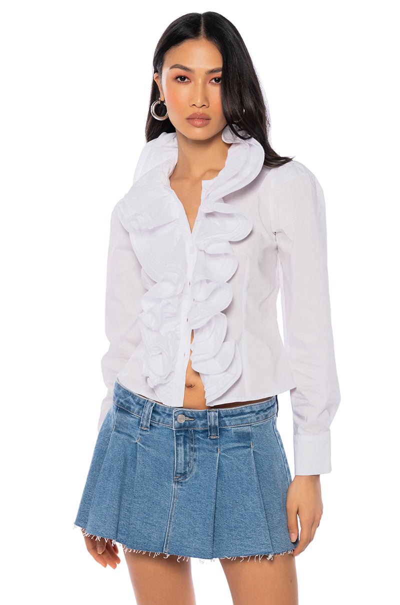 Front View Calista Statement Ruffle Collar Button Down Blouse 15