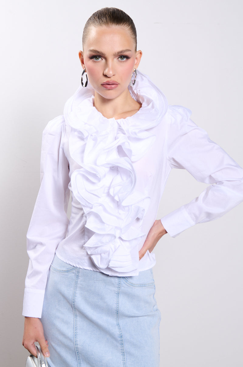 Side View Calista Statement Ruffle Collar Button Down Blouse