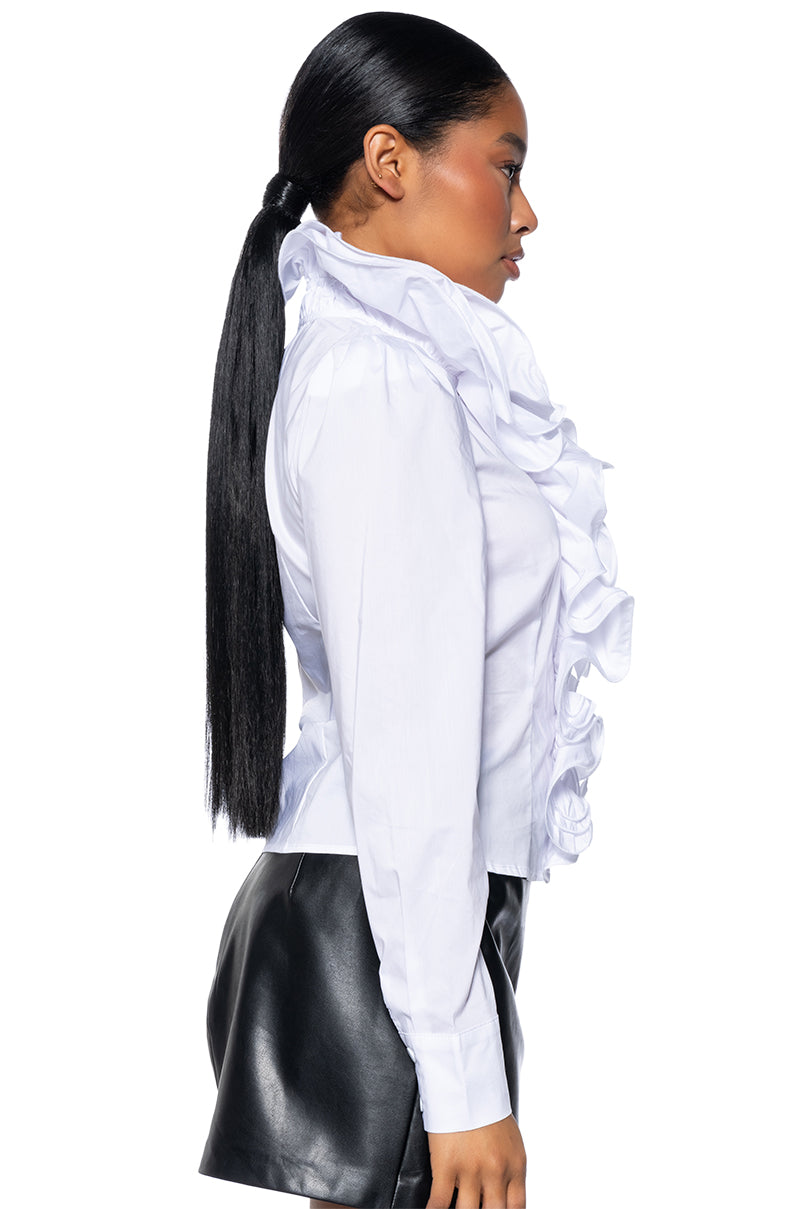 Back View Calista Statement Ruffle Collar Button Down Blouse