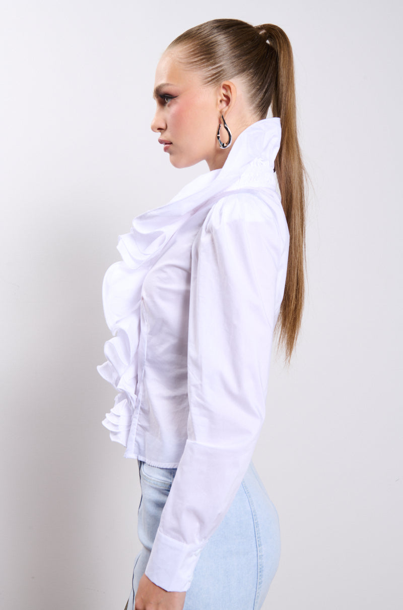 Back View Calista Statement Ruffle Collar Button Down Blouse