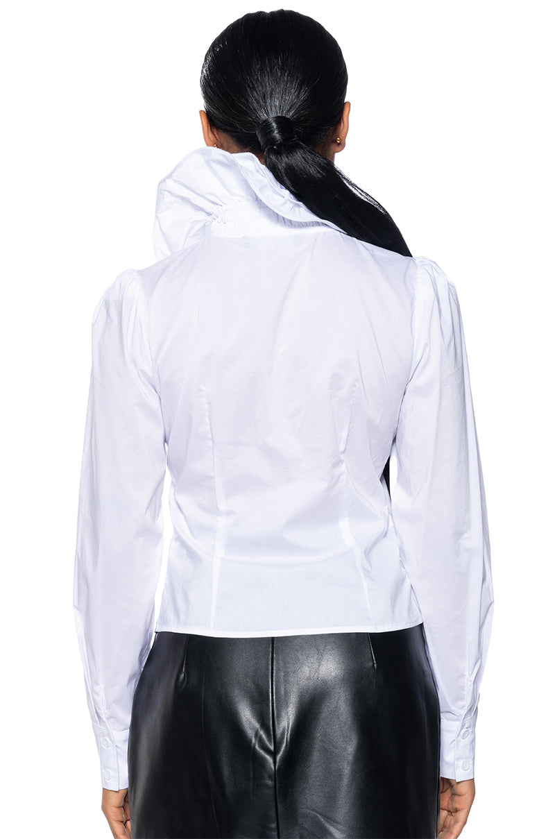Detail View Calista Statement Ruffle Collar Button Down Blouse 11