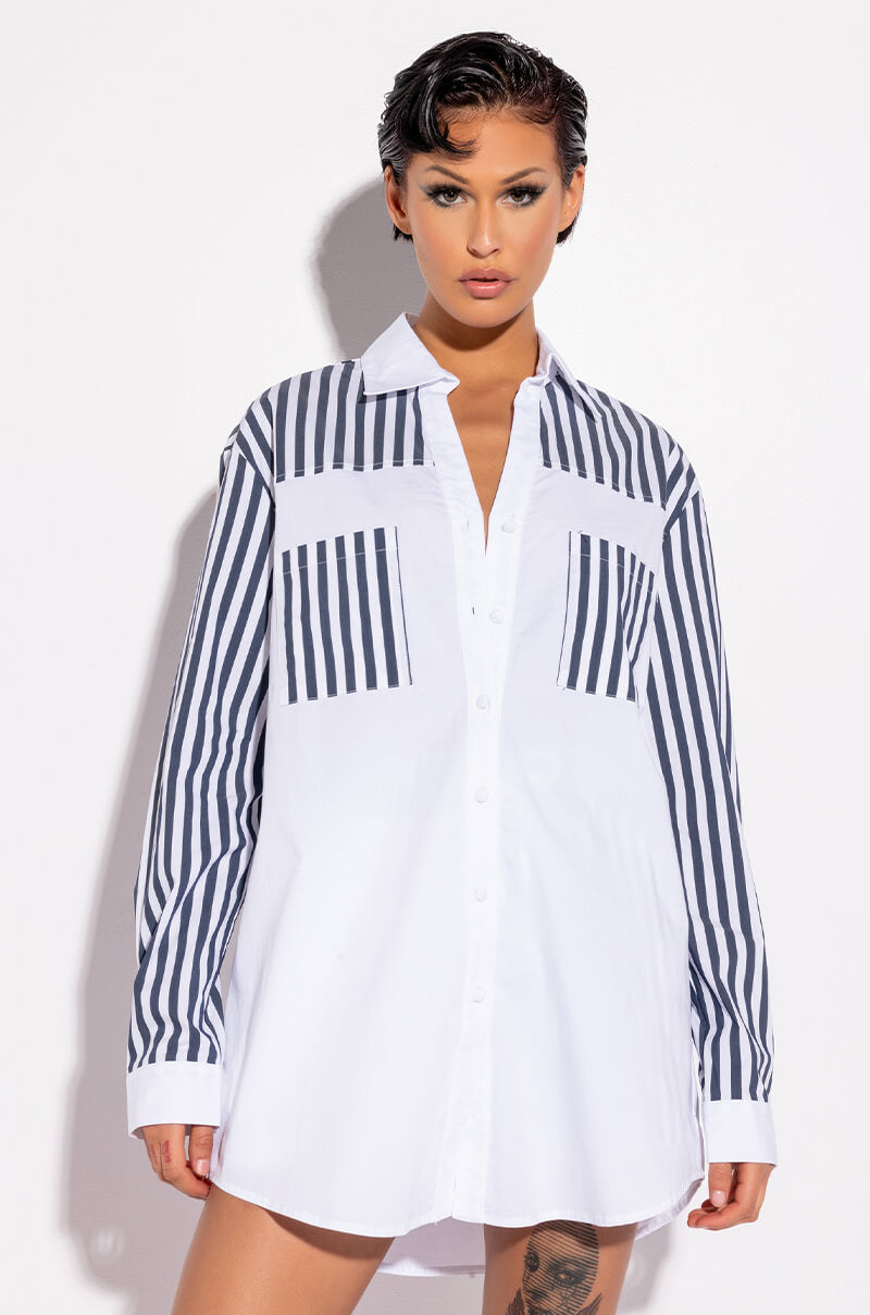 Front View Call Back Later Colorblock Poplin Button Down