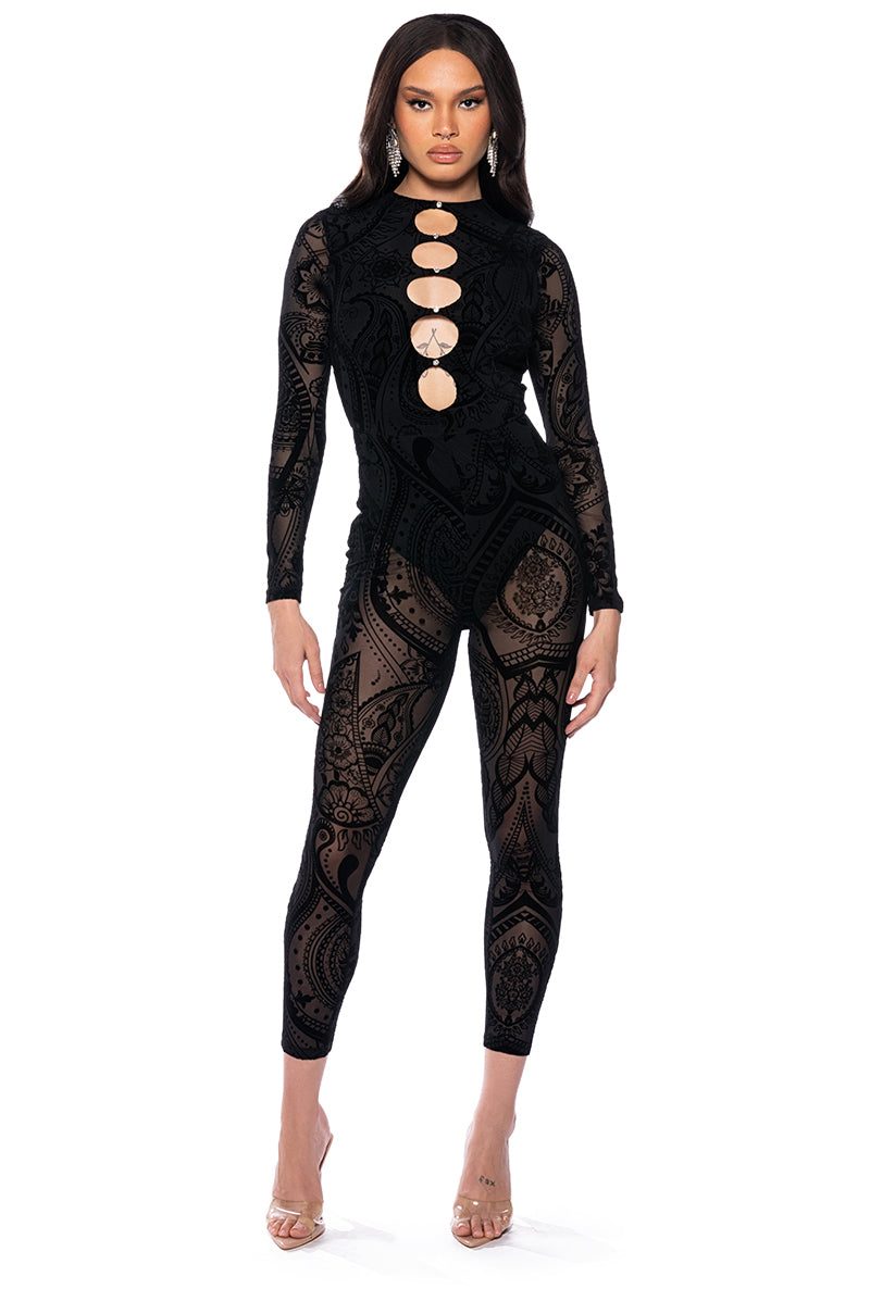 Side View Call Me Sheer Paisley Cutout Jumpsuit