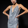 Front View Call Me Your Highness Cowl Neck Rhinestone Sparkle Mini Dress