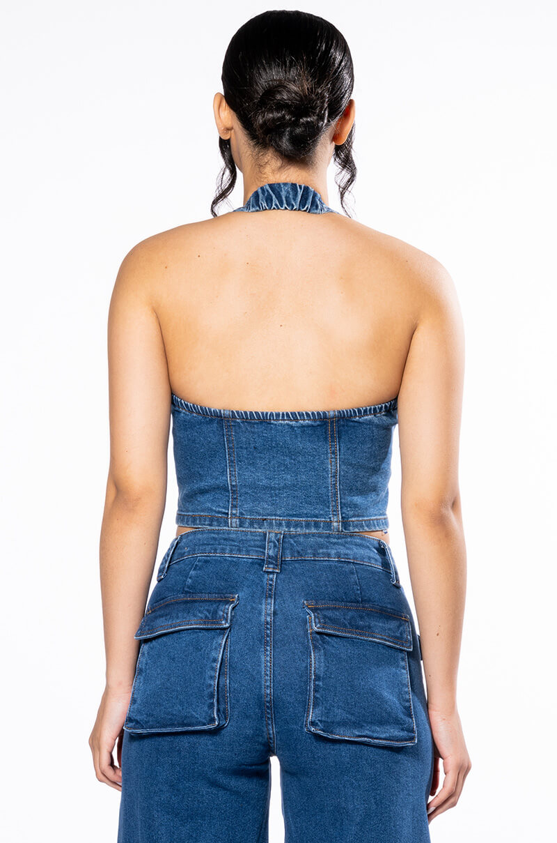 Full View Calypso Denim Halter Neck Top