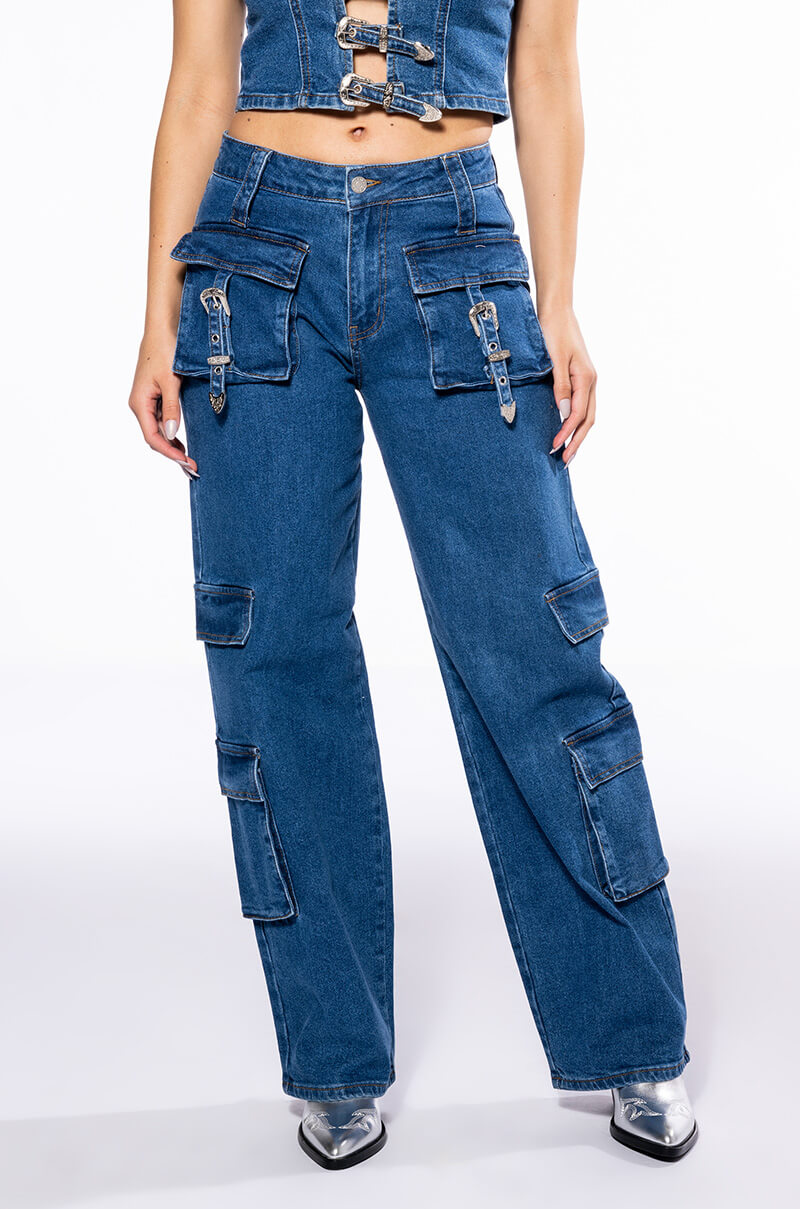 Front View Calypso Mid Rise Wide Leg Jeans