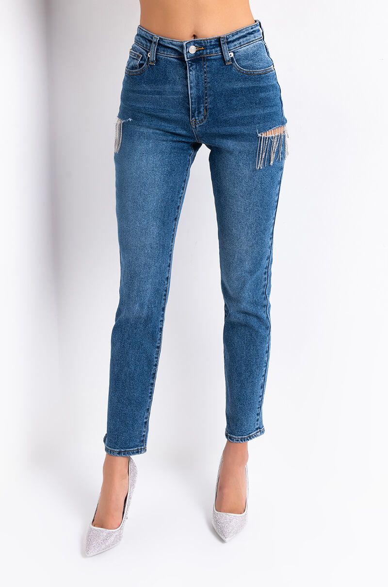 CAMILA HIGH WAISTED RHINESTONE SLIT JEANS view 0