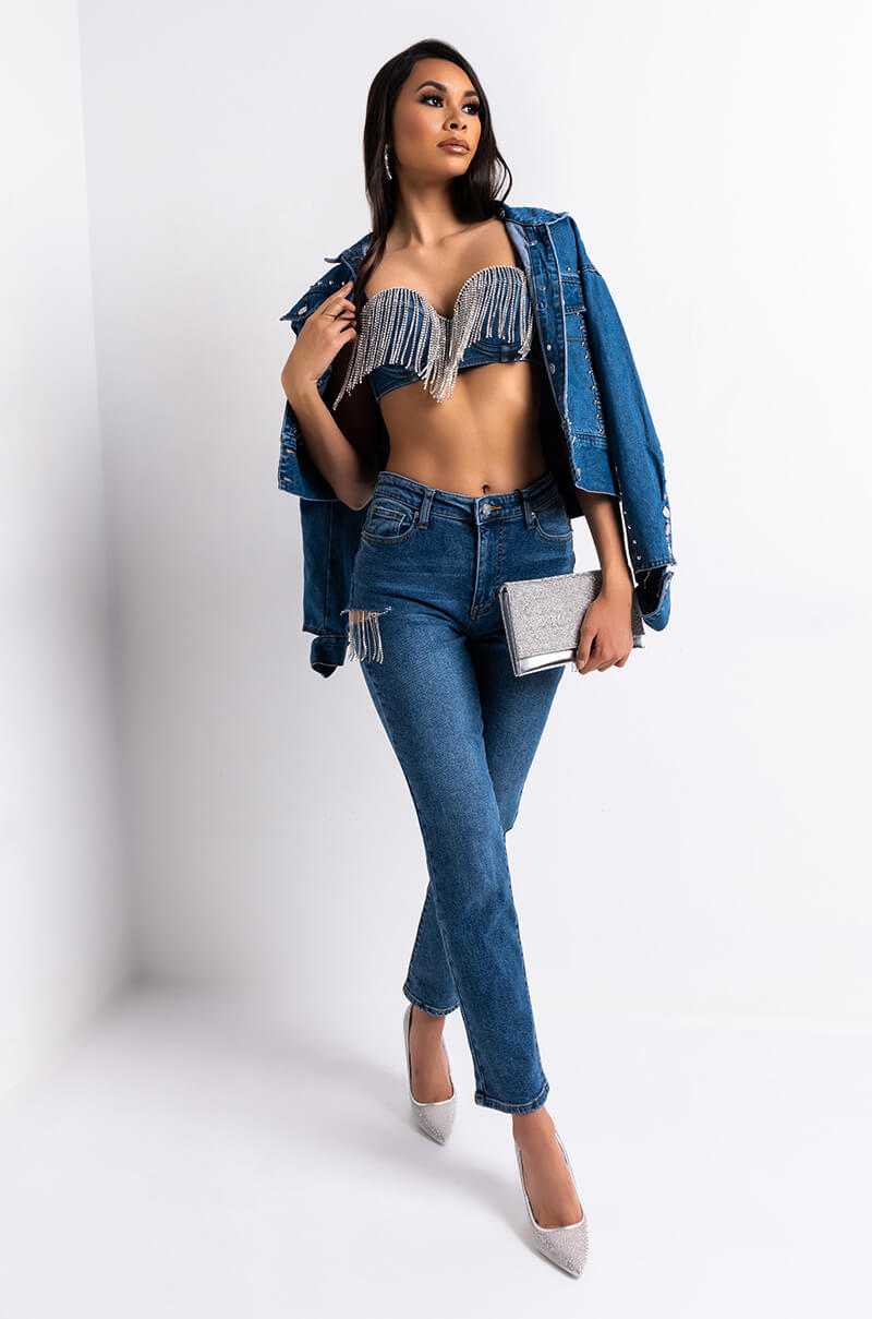 Full View Camila High Waisted Rhinestone Slit Jeans in Medium Blue Denim