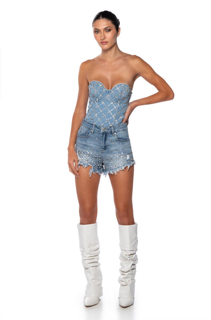 Back View Cammie Rhinestone Denim Corset