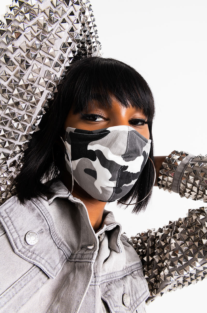 Front View Camo Fashion Face Cover in Grey Multi