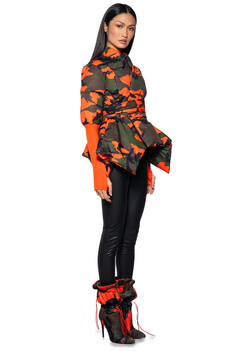 Back View Camo Peplum Puffer Jacket With Ribbed Thumbhole Sleeves