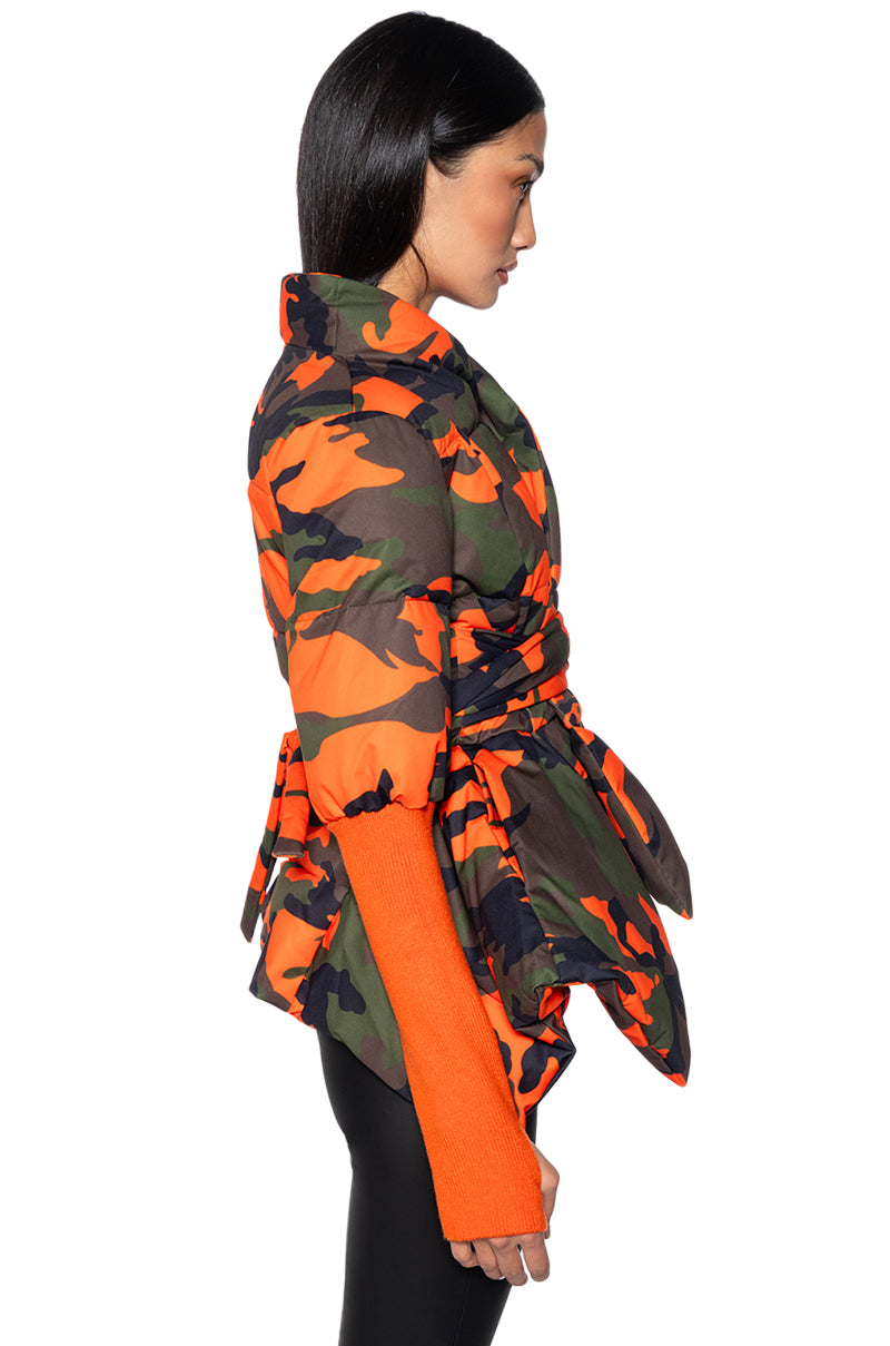 Detail View Camo Peplum Puffer Jacket With Ribbed Thumbhole Sleeves