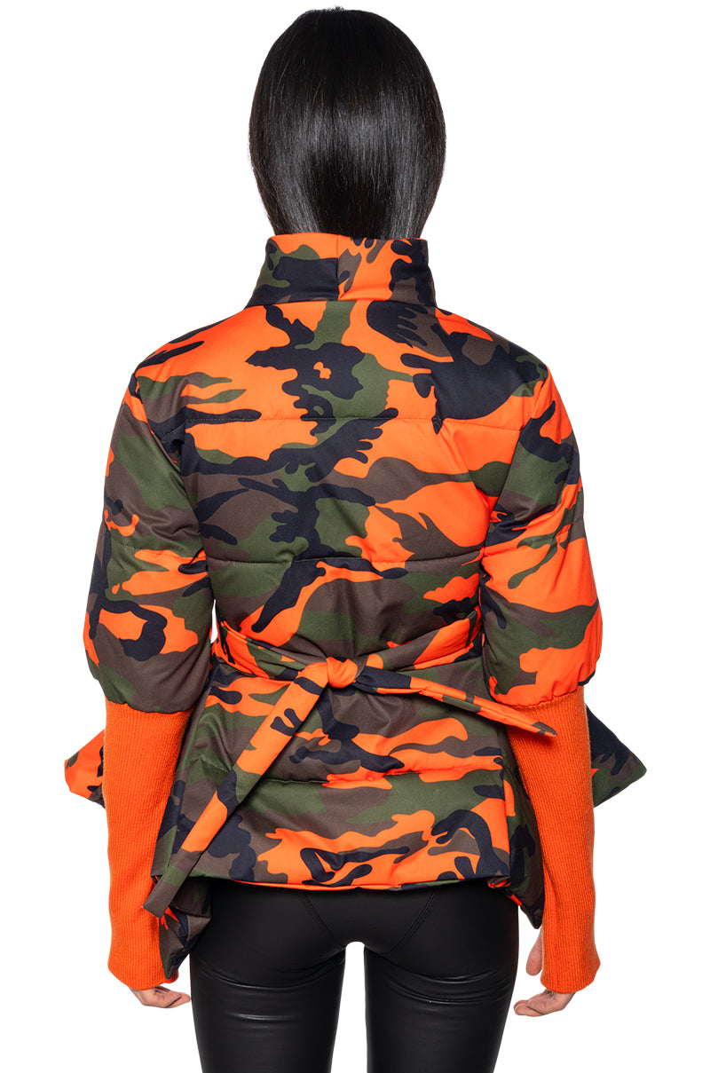 Full View Camo Peplum Puffer Jacket With Ribbed Thumbhole Sleeves