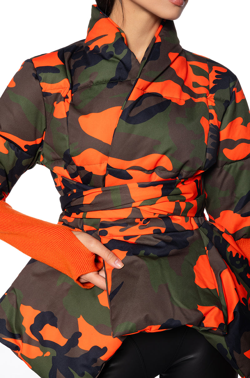 Extra View Camo Peplum Puffer Jacket With Ribbed Thumbhole Sleeves