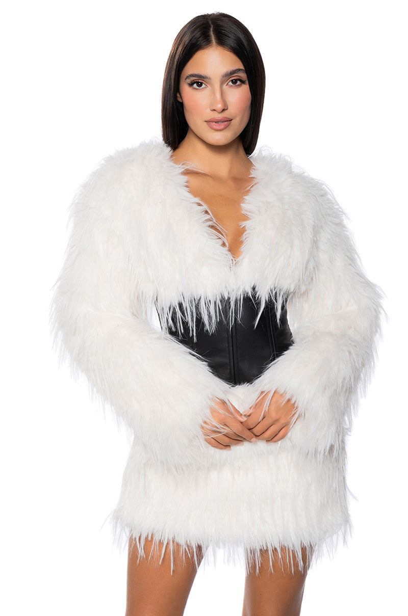 Front View Camren Faux Fur Corset Waist Mini Dress