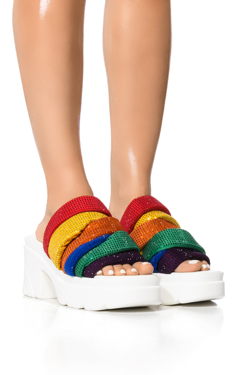 Front View Cani Embellished Chunky Heel Platform Sandal In Rainbow