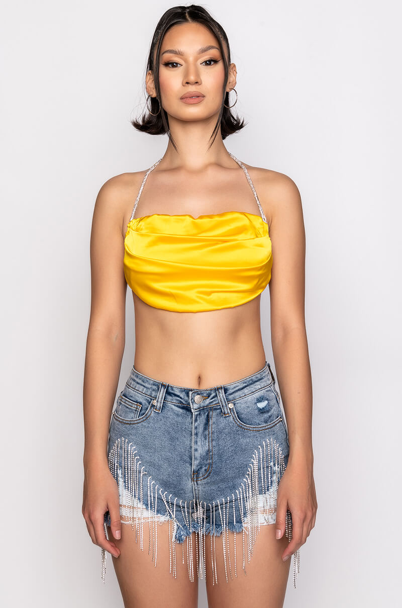 Back View Cant Compare Rhinestone Strap Satin Crop Top