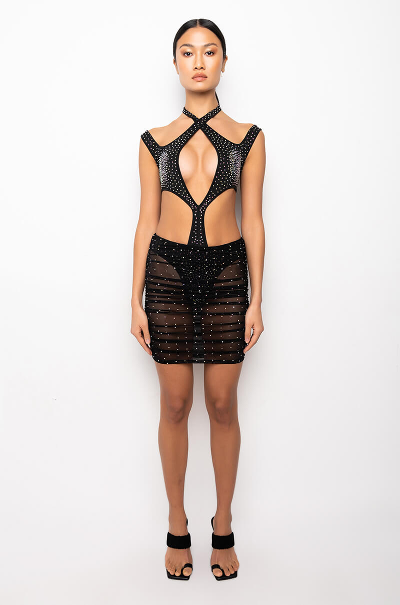 Extra View Cant Help It Rhinestone Mini Dress With Cut Outs