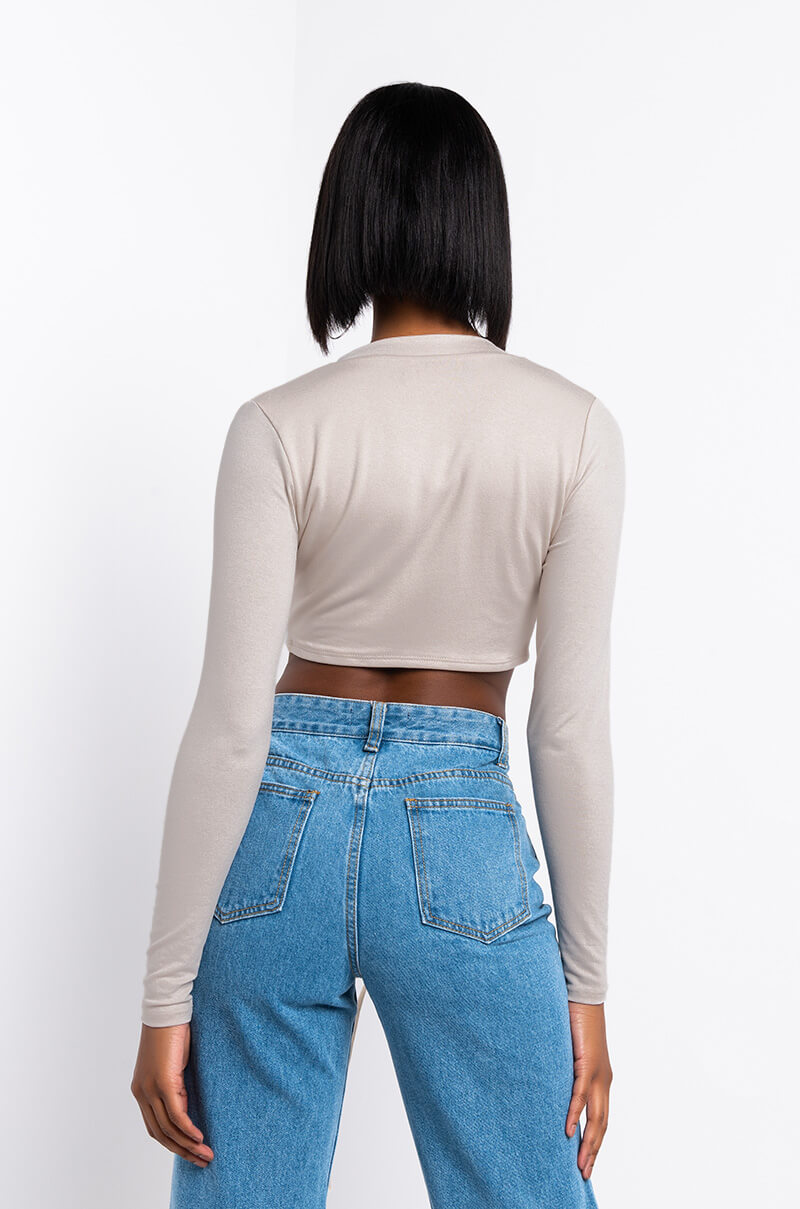 Back View Cant Tie Me Down Long Sleeve Front Knot Blouse in Beige