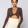 Front View Cant Tie Me Down Long Sleeve Front Knot Blouse in Brown