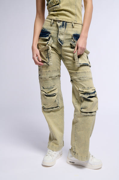 CAPRICE DISTRESSED DENIM CARGO CONVERTIBLE ZIP OFF PANT – AKIRA
