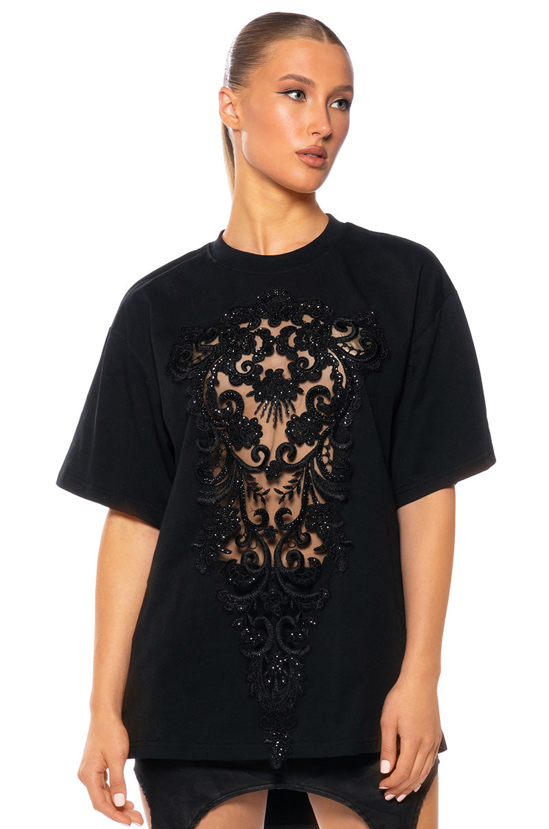 Front View Cara Lace Panel Tshirt In Black