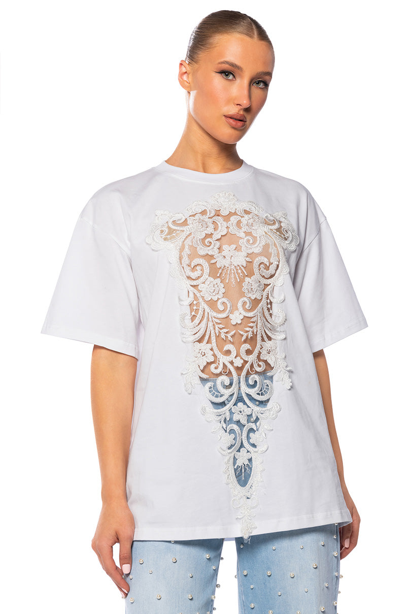 Front View Cara Lace Panel Tshirt In White 0