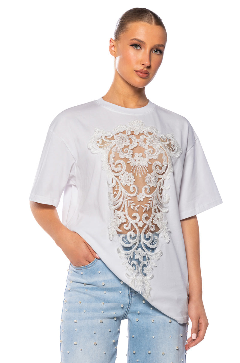 Side View Cara Lace Panel Tshirt In White 1