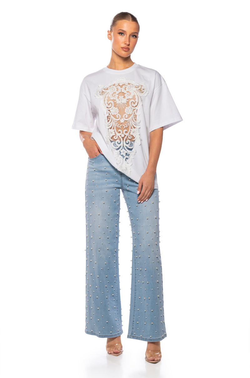 Back View Cara Lace Panel Tshirt In White 2