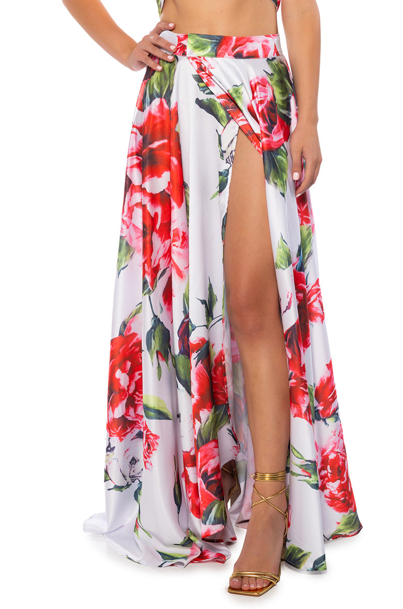 Front View Caramella Maxi Satin Wrap Skirt