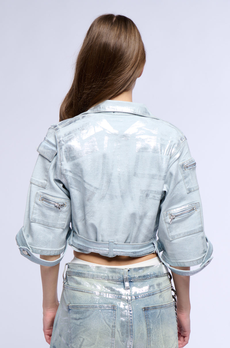 Full View Cargo Cropped Cut Metallic Denim Jacket 4