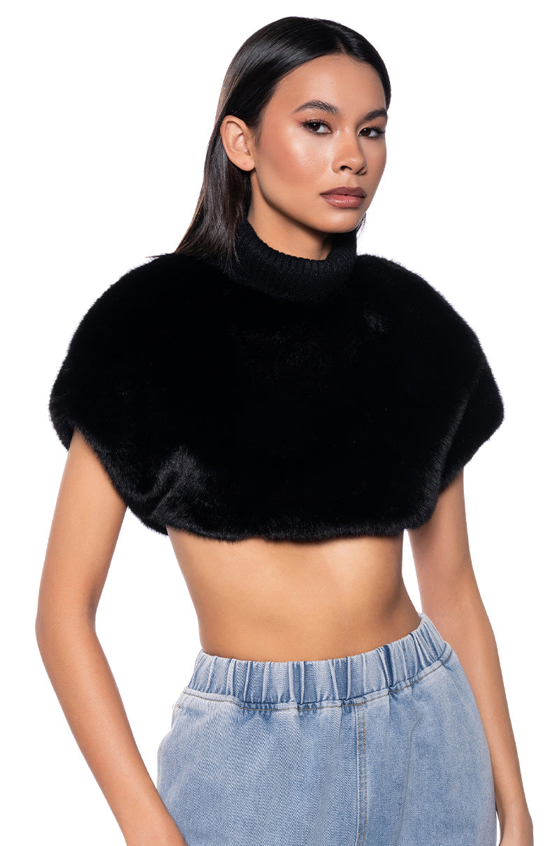 Front View Carissa Mock Neck Cropped Fur Shirt In Black 0
