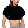 Front View Carissa Mock Neck Cropped Fur Shirt In Black