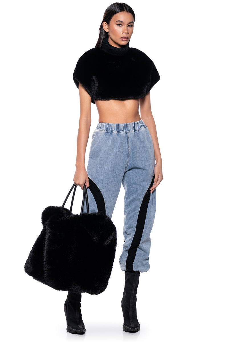 Side View Carissa Mock Neck Cropped Fur Shirt In Black 1